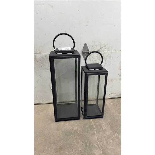 Pair of Modern Black Metal and Glass Lanterns with Hinged Doors and Rounded Handles-