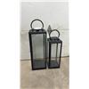 Image 1 : Pair of Modern Black Metal and Glass Lanterns with Hinged Doors and Rounded Handles-
