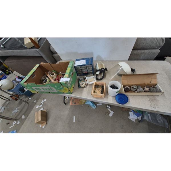 Assorted Shop Supplies: Face Shield, Work Light, Sanding Drums, Tapes, Clamps