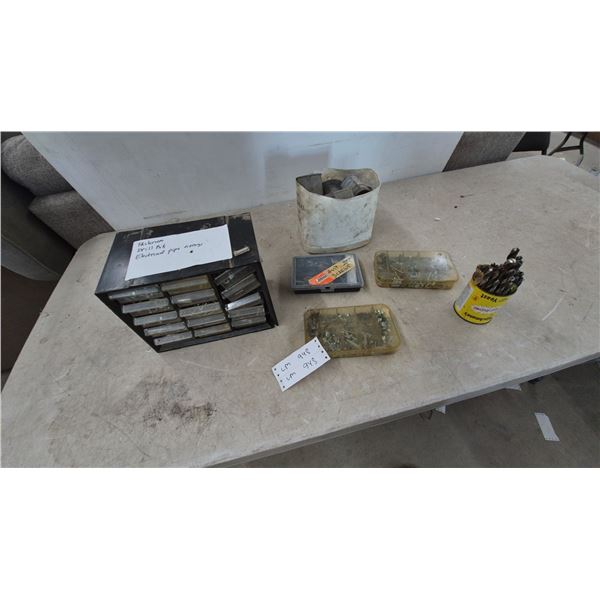 Hardware and Drill Bit Lot: H-Bros. 24-Drawer Cabinet with Electrical Pipe Fittings, Drill Bits