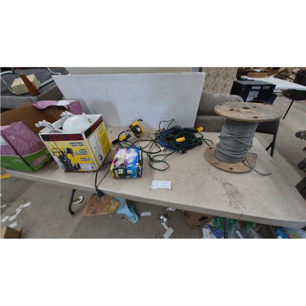 Zenith Security Light, Work Light, Extension Cords, and Wire Spool. Ceiling fan