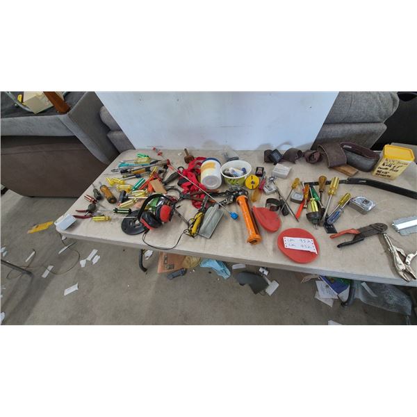 Assorted Screwdrivers, Pliers, Wrenches, Sanding Belts, Ear Protection