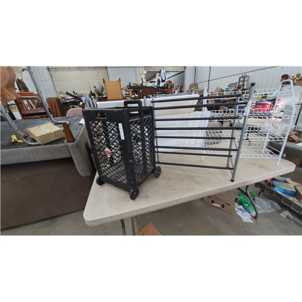 Rolling Crate, 2-Tier Shoe Rack, and 3-Tier White Wire Shelf