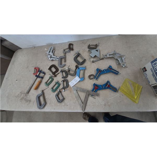 Assorted Clamps and Tools: 2 Corner Clamps, 2 Angle Clamps, 2 Bar Clamps, 20 C-Clamps