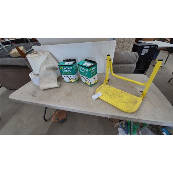 RV Wheel Covers, 2 Pkgs; Yellow Metal Step; and Roll of White Fabric