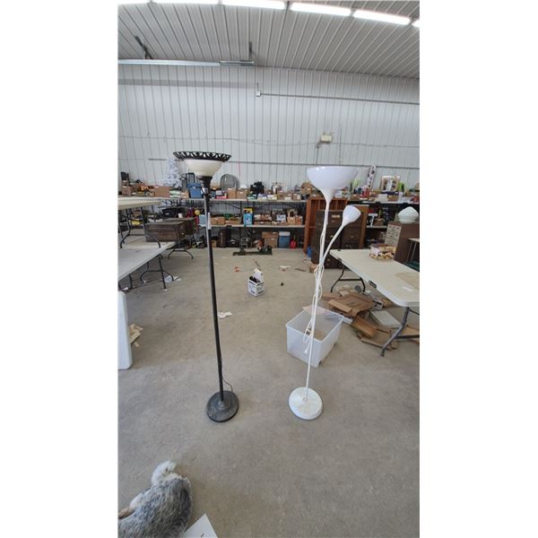 Two Floor Lamps: Black Torchiere Lamp with Ornate Metal Shade and White Torchiere Lamp with