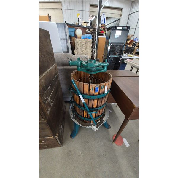 Vintage Fruit and Wine Press with Wood Slats, Metal Bands, and Cast Iron Base and Screw Mechanism