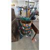Image 1 : Vintage Fruit and Wine Press with Wood Slats, Metal Bands, and Cast Iron Base and Screw Mechanism
