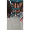 Image 4 : Vintage Fruit and Wine Press with Wood Slats, Metal Bands, and Cast Iron Base and Screw Mechanism