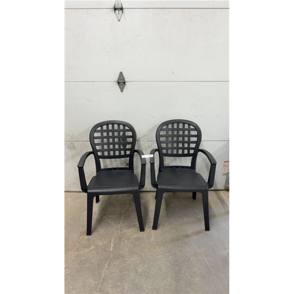 Pair of Black Plastic Stackable Patio Armchairs with Lattice Back