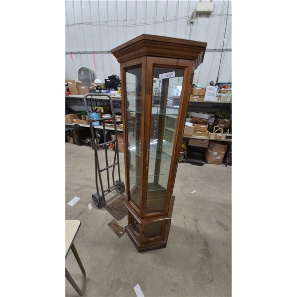 Hexagonal Wood and Glass Corner Display Cabinet with 3 Glass Shelves, Lights Up