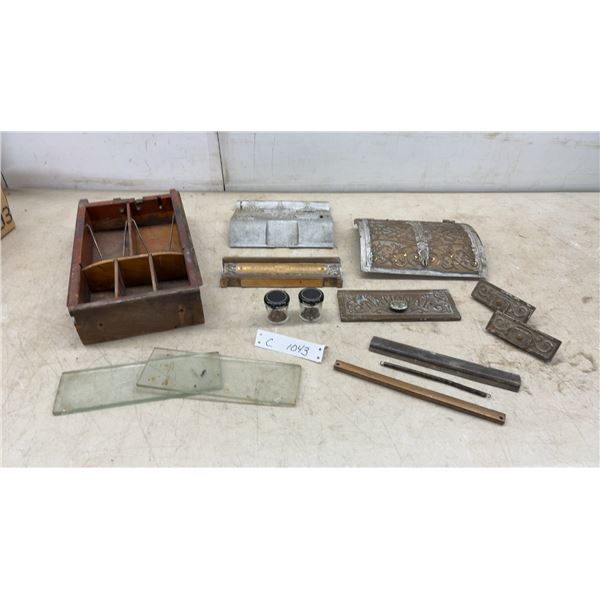Antique National Cash Register Parts Including Ornate Brass Lid, Nameplate, and Wooden Drawer