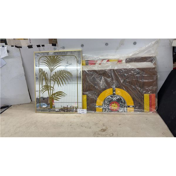 Framed Gold Palm Tree Mirror 28 × 22” and Vintage Cardboard Stand up Decorative Panel