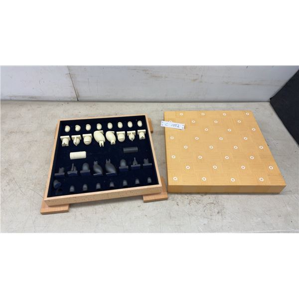 Man Ray Style Minimalist Abstract Chess and Checkers Set with 32 Pieces and Wooden Board in