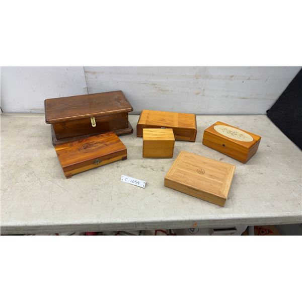 Assortment of Wooden Jewelry and Keepsake Boxes Including Lane Cedar Box with Floral Design