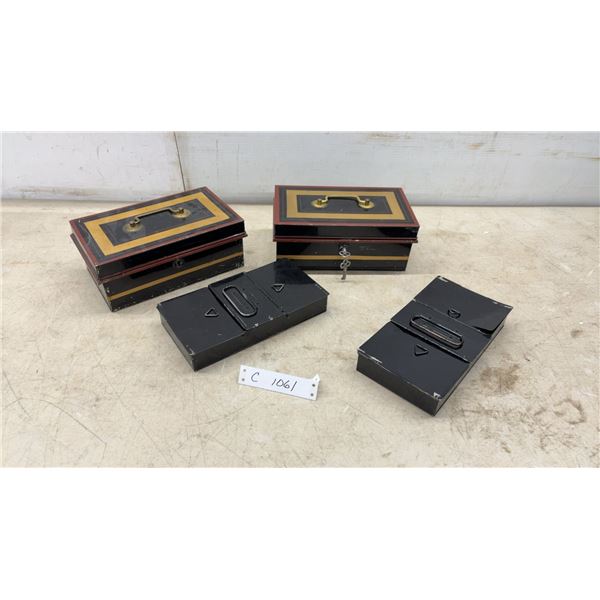 Vintage Japanned Tin Cash Boxes and Black Metal Cantilever Utility Boxes, Set of Four