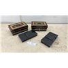 Image 1 : Vintage Japanned Tin Cash Boxes and Black Metal Cantilever Utility Boxes, Set of Four