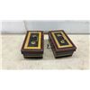 Image 7 : Vintage Japanned Tin Cash Boxes and Black Metal Cantilever Utility Boxes, Set of Four