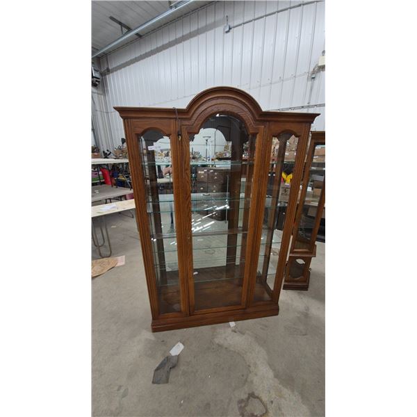 Curved Top Oak and Glass Display Cabinet, 3 Glass Shelves, Mirrored Back, 78”×50”×12.6”