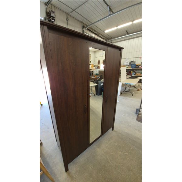 3-Door Wardrobe with Center Mirror, Interior Shelves, and Hanging Rod