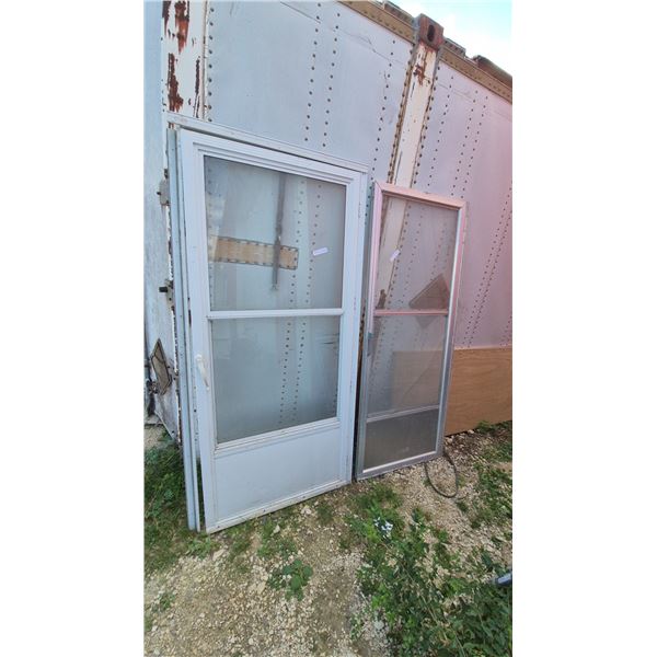Two White Aluminum Storm Doors, One with Glass, One with Screen and Glass