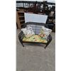 Image 1 : Wicker Loveseat with Tropical Print Seat Cushion and Two Floral Throw Pillows