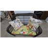 Image 2 : Wicker Loveseat with Tropical Print Seat Cushion and Two Floral Throw Pillows