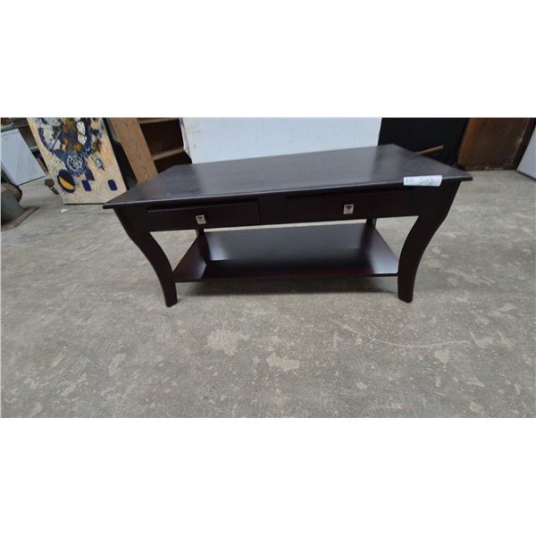 Dark Wood Coffee Table with Two Drawers and Lower Shelf. 18”×40”×20”