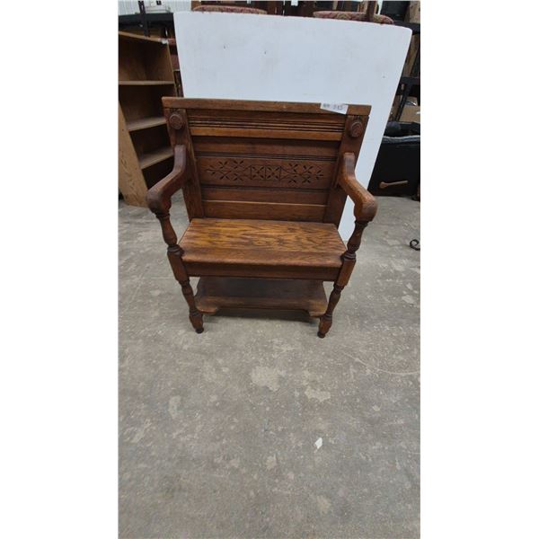 Antique Oak Hall Chair with Carved Back and Spindle Arms, 26” wide