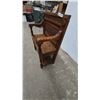 Image 2 : Antique Oak Hall Chair with Carved Back and Spindle Arms, 26” wide