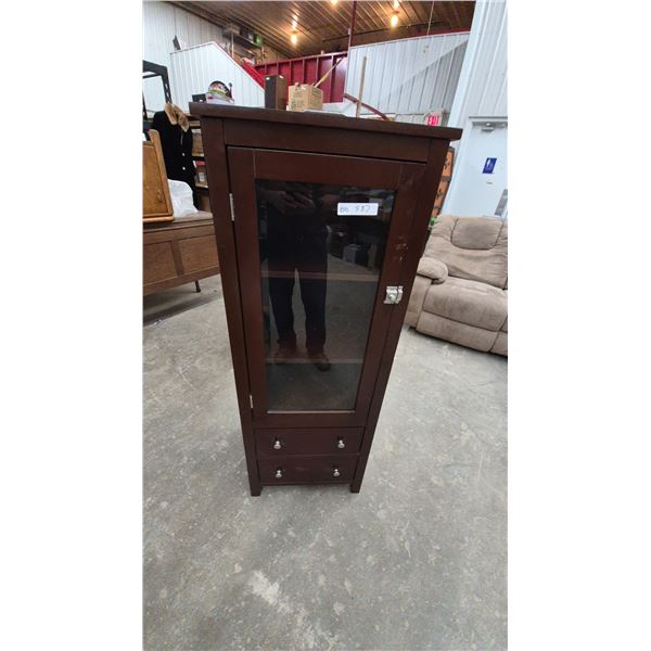 Dark Wood Display Cabinet with Glass Door and Two Drawers. 52”×20”×16”