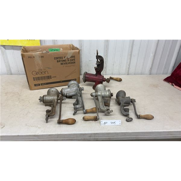 Five Vintage Hand-Crank Meat Grinders