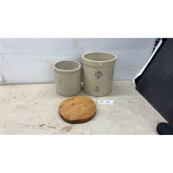 Red Wing Potteries 2 Gallon Stoneware Crock, Unmarked Stoneware Crock, and Wooden Lid