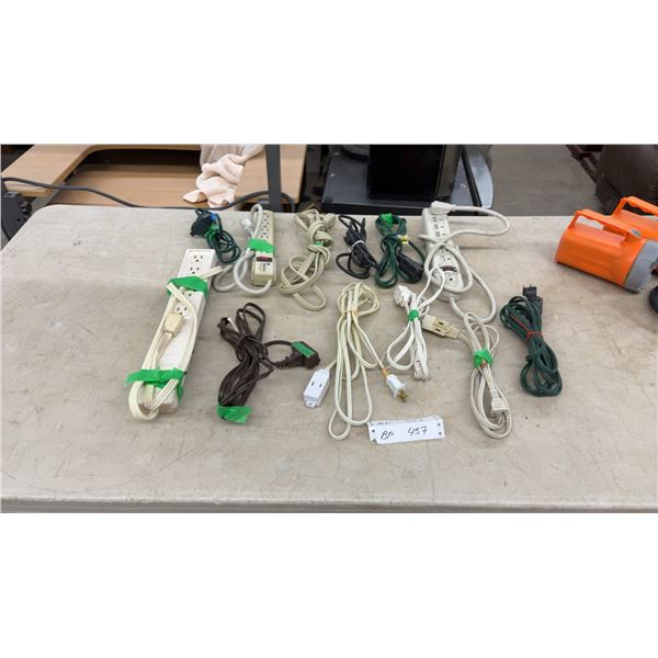 Three Power Strips and 9 Small Extension Cords, 10 - 12 Feet