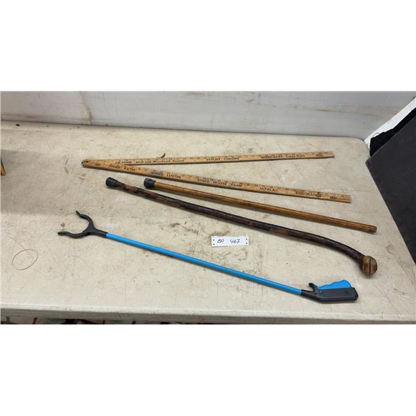 Vintage Wooden Advertising Yardsticks, Walking Canes / Sticks, and Long-Reach Grabber Tool