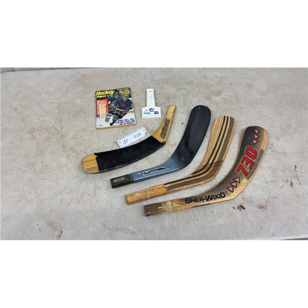 4 Hockey Stick Blades (3 Left, 1 Right), 1976 Hockey Digest, and Vintage Jet Scraper