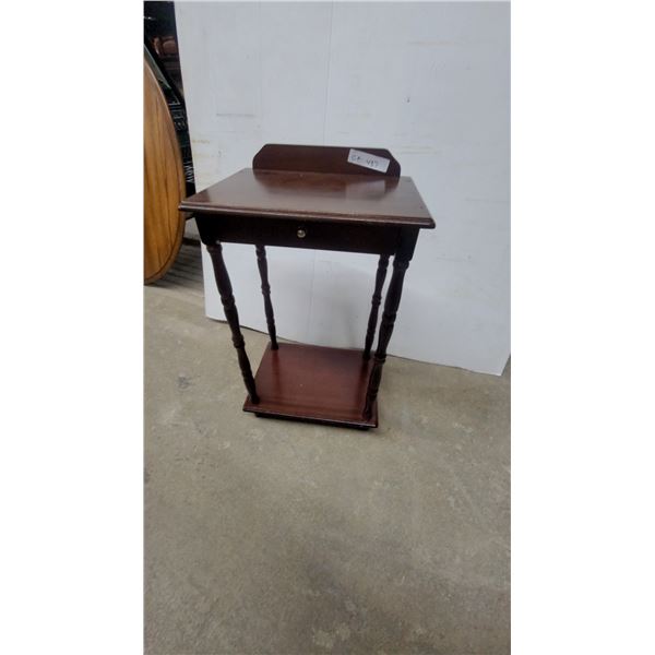 Small Wood Side Table with Drawer and Lower Shelf 28”×16”×12”