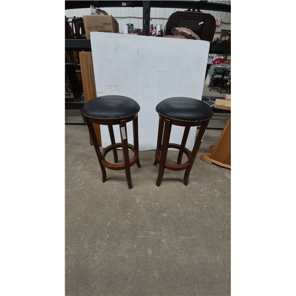 Pair of Black Faux Leather and Wood Bar Stools with Brass Nailhead Trim