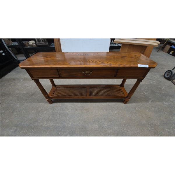 Oak Console Table with Drawer and Cane Shelf. 26”×52”×15”