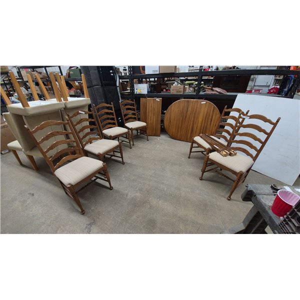 Oak Dining Table and 6 Ladder-Back Chairs with 2 Leaves