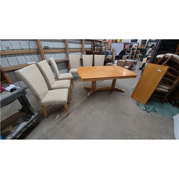 Dining Table with Geometric Veneer, Double Pedestal, and 6 Chairs