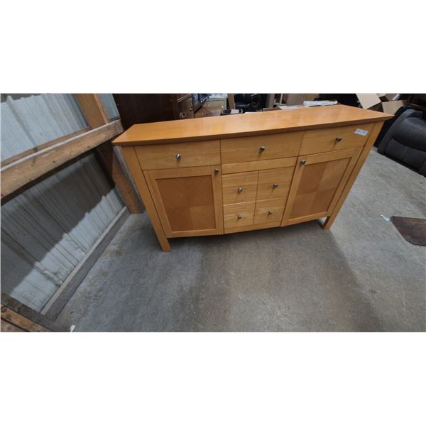 Light Wood Sideboard with Two Cabinets and 5 Drawers. 34”×58”×18”