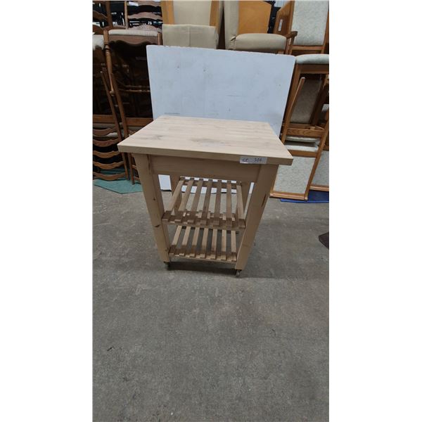 Butcher Block Kitchen Island Cart with Two Slatted Shelves and Casters. 33”×24”×20”