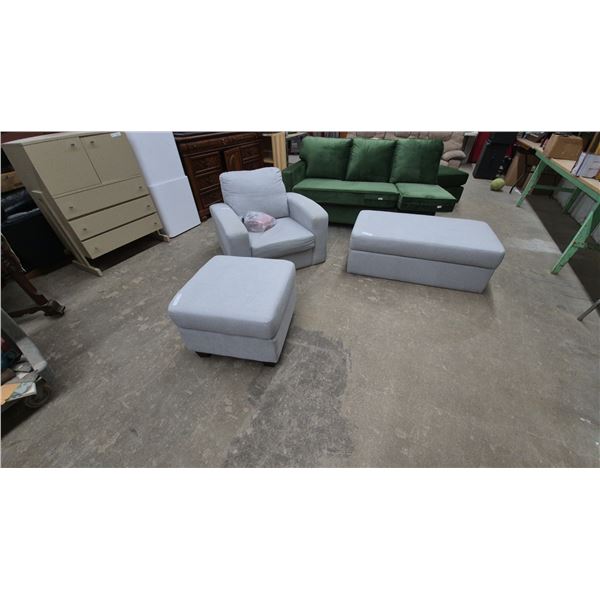 Gray Upholstered Armchair, Two Ottomans