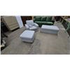 Image 1 : Gray Upholstered Armchair, Two Ottomans