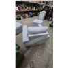 Image 6 : Gray Upholstered Armchair, Two Ottomans