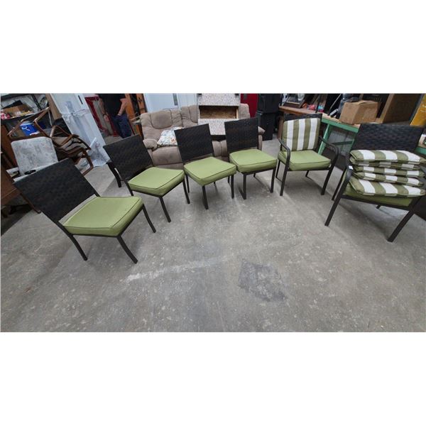 Six Patio Chairs, with Green Cushions, stackable