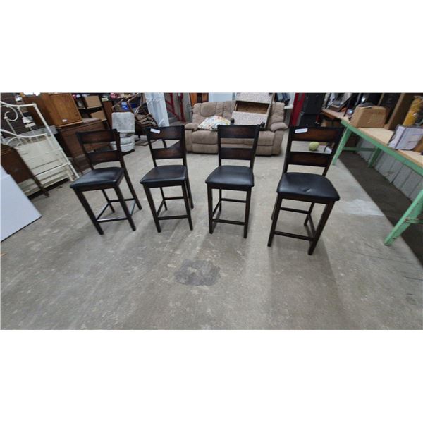 Set of Four Dark Wood and Black Faux Leather Counter Stools