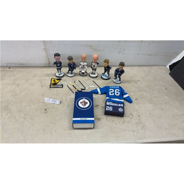 Winnipeg Jets and Moose Bobbleheads, Wheeler Mini Jersey, Hockey Manitoba Patch