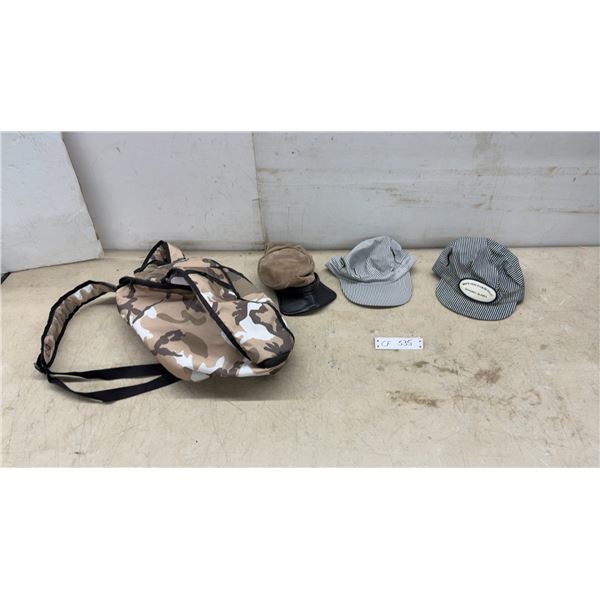 Camouflage Duffel Bag, Suede Conductor Cap, and White Pass and Yukon Route Engineer Caps